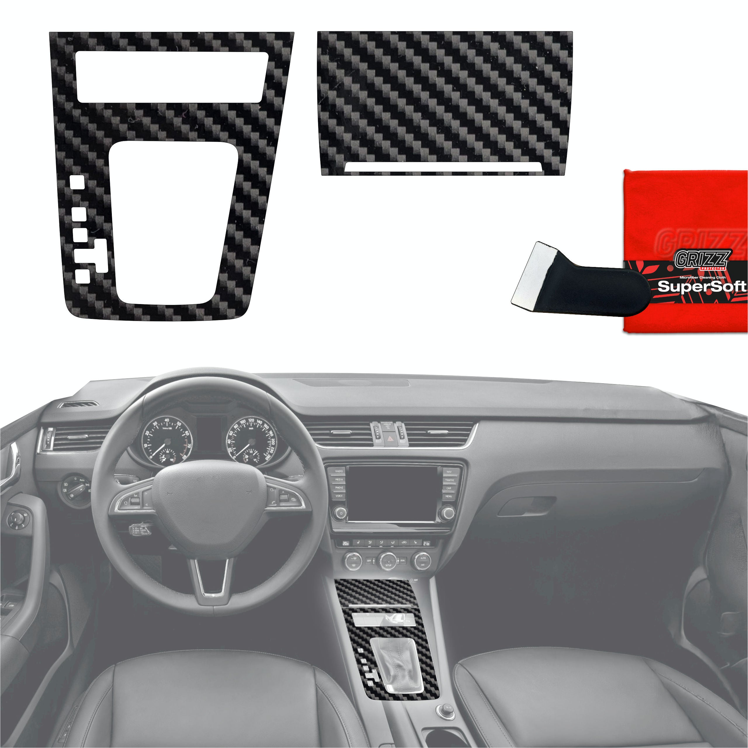 2in1 Schutzfolien Grizz Protector für Mittelkonsole - Skoda Octavia 3 Manual (2017-2020) Carbon Optik Glanz