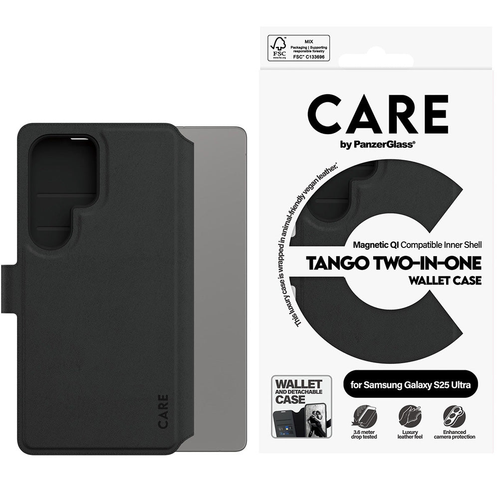 Handyhülle mit Klappe für Galaxy S25 Ultra, Care by PanzerGlass Feature Tango 2w1 Wallet Magnetic, Schwarz