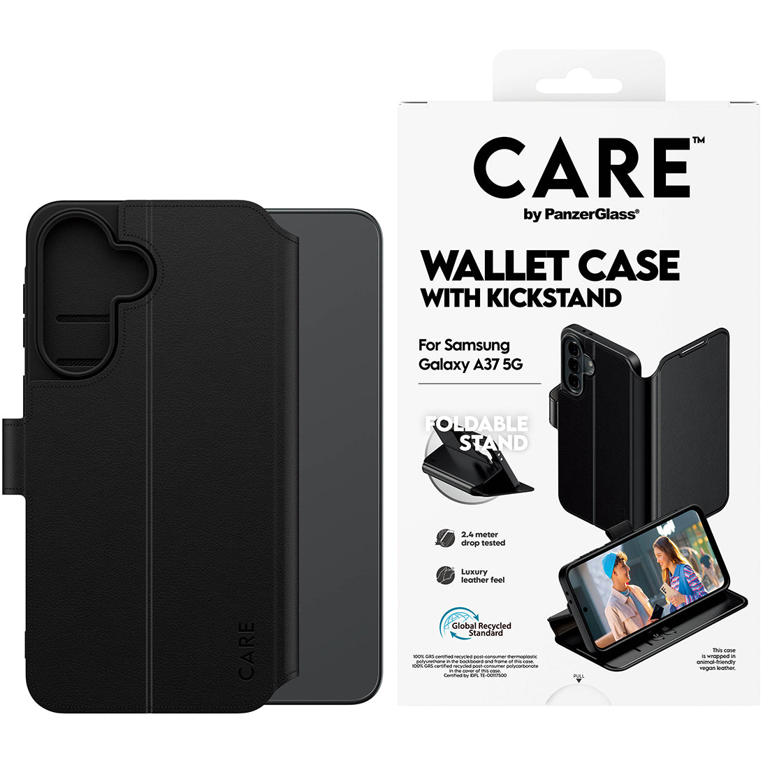 Handyhülle mit Klappe für Galaxy A37 5G, Care by PanzerGlass Wallet Case with Kickstand, Schwarz