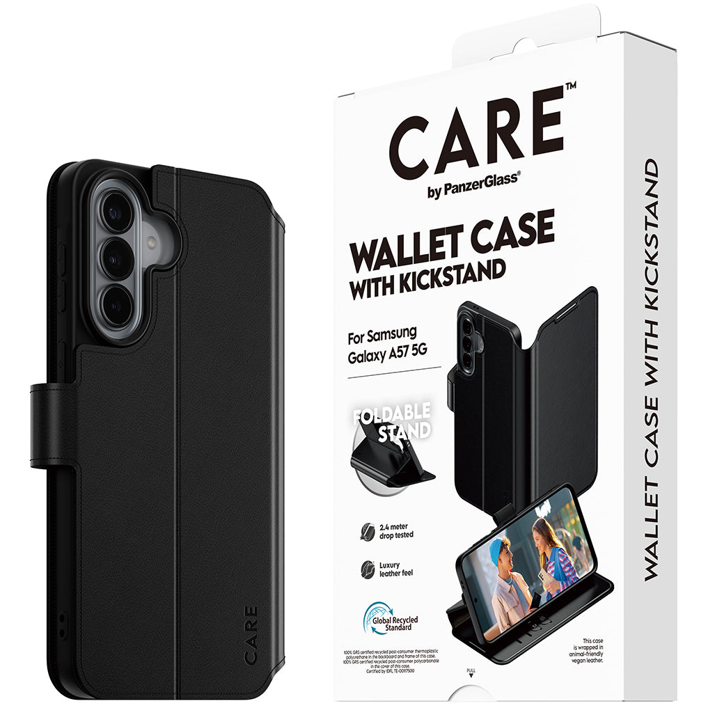 Handyhülle mit Klappe für Galaxy A57 5G, Care by PanzerGlass Wallet Case with Kickstand, Schwarz