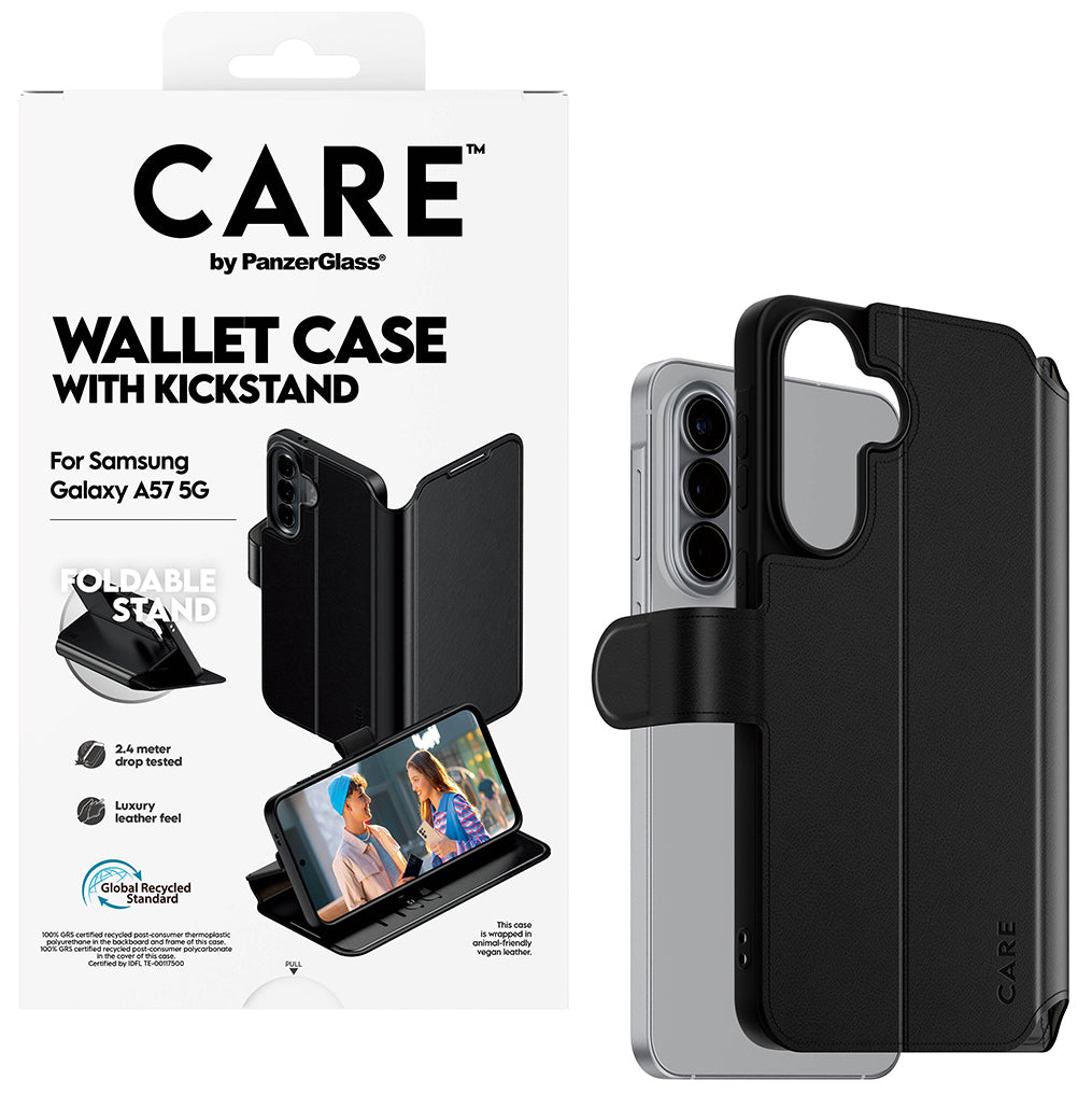 Handyhülle mit Klappe für Galaxy A57 5G, Care by PanzerGlass Wallet Case with Kickstand, Schwarz