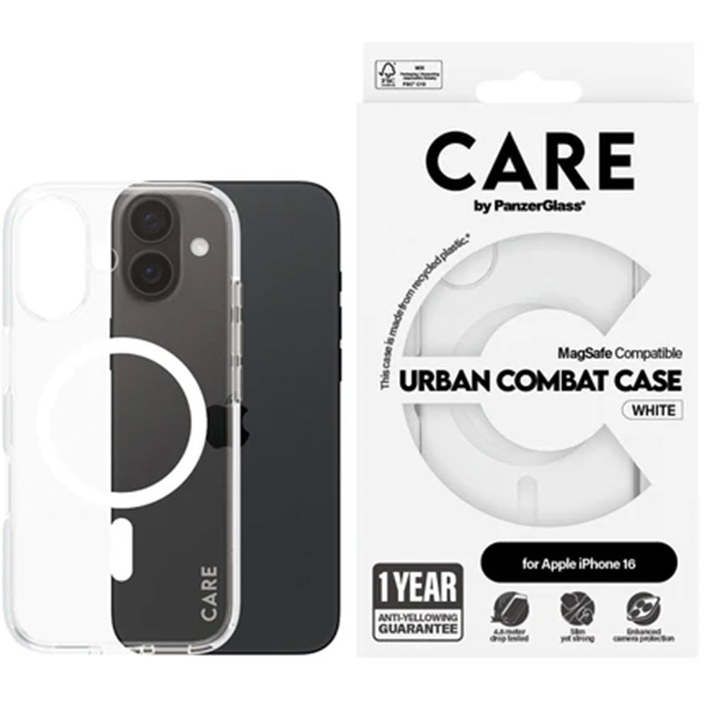 Handyhülle für iPhone 16, Care by PanzerGlass Urban Combat Case mit MagSafe, Transparent und Weiß
