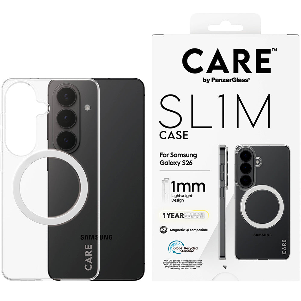 Handyhülle für Galaxy S26, CARE by PanzerGlass SL1M mit MagSafe, Transparent und Weiß
