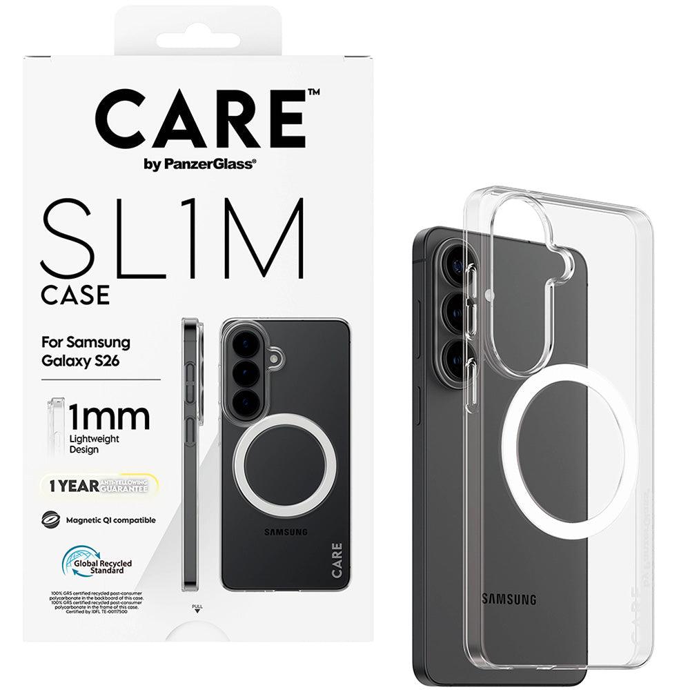 Handyhülle für Galaxy S26, CARE by PanzerGlass SL1M mit MagSafe, Transparent und Weiß