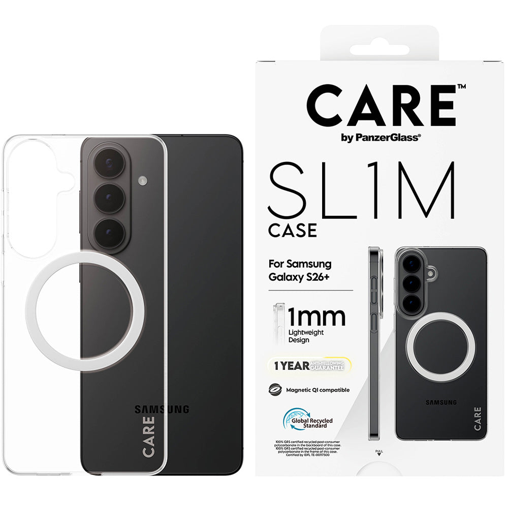 Handyhülle für Galaxy S26 Plus, CARE by PanzerGlass SL1M mit MagSafe, Transparent und Weiß