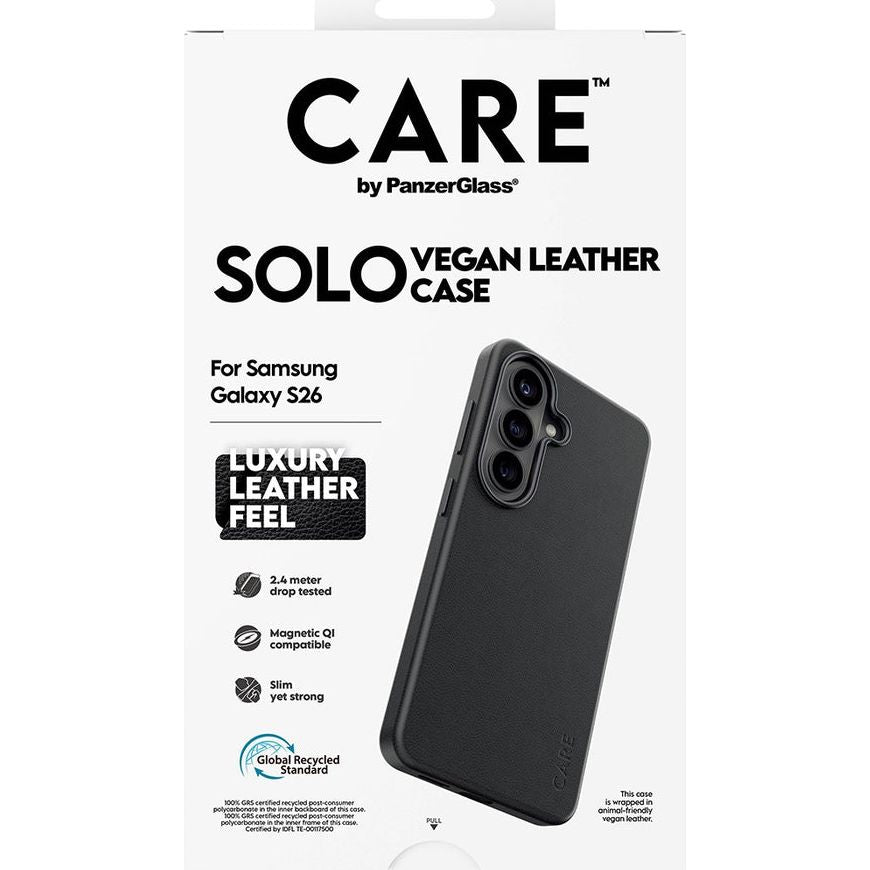 Handyhülle aus veganem Leder für Galaxy S26, CARE by PanzerGlass Solo mit MagSafe, Schwarz