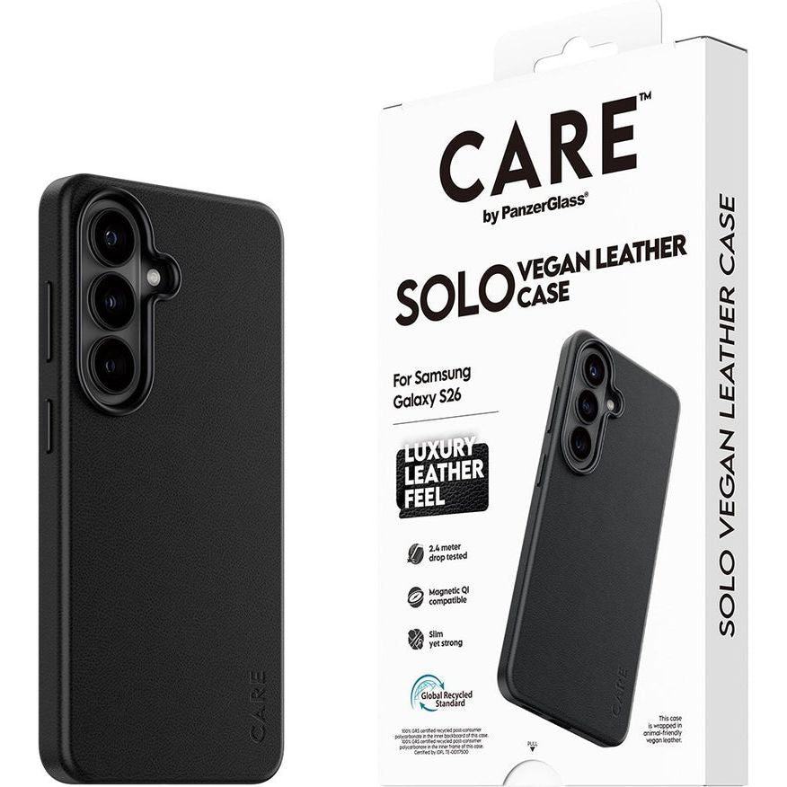 Handyhülle aus veganem Leder für Galaxy S26, CARE by PanzerGlass Solo mit MagSafe, Schwarz