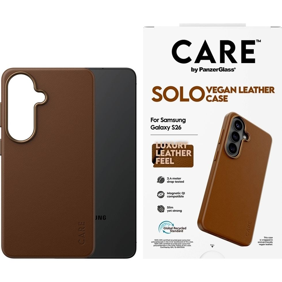 Handyhülle aus veganem Leder für Galaxy S26, CARE by PanzerGlass Solo mit MagSafe, Braun