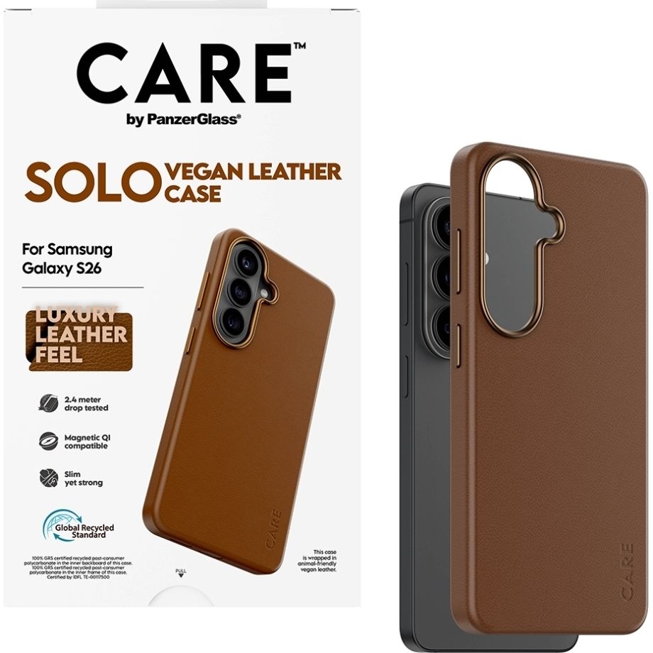 Handyhülle aus veganem Leder für Galaxy S26, CARE by PanzerGlass Solo mit MagSafe, Braun