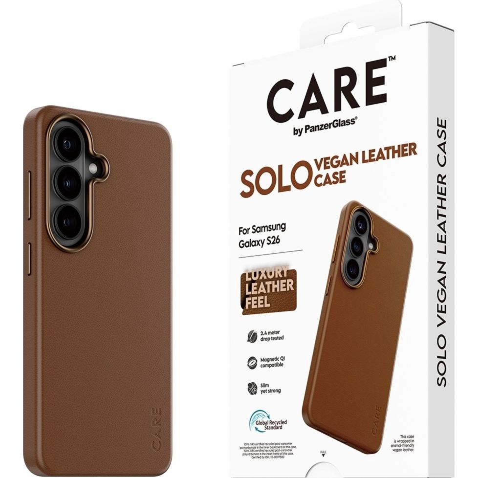 Handyhülle aus veganem Leder für Galaxy S26, CARE by PanzerGlass Solo mit MagSafe, Braun