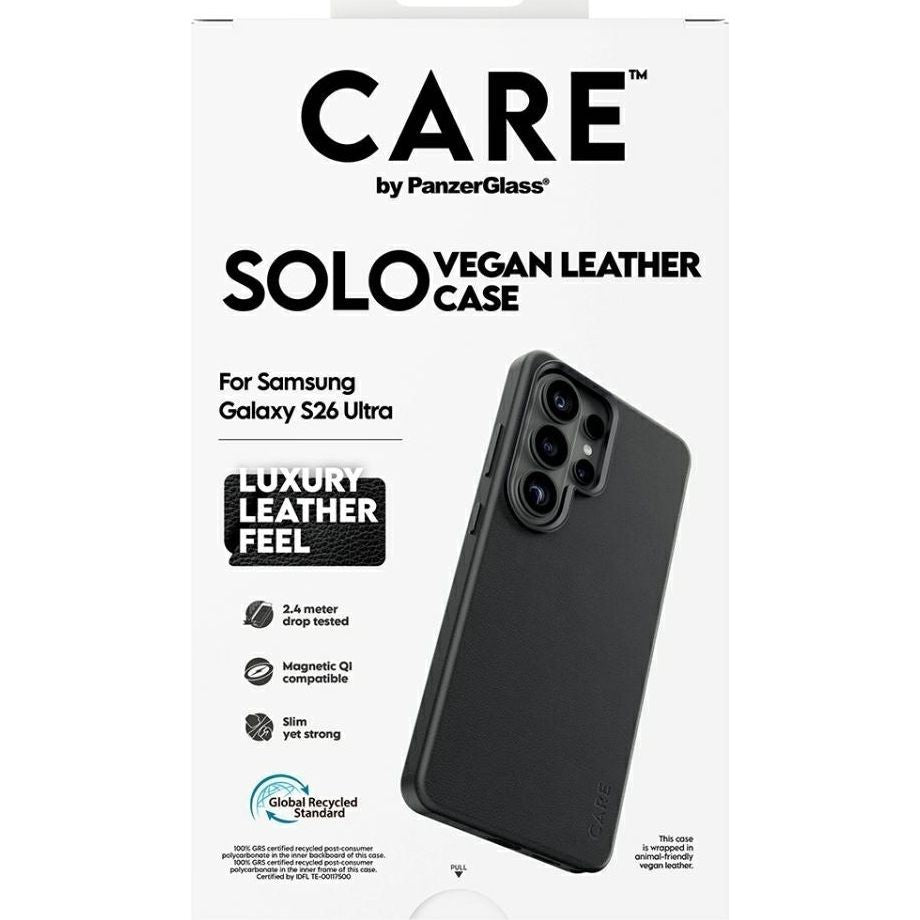 Handyhülle aus veganem Leder für Galaxy S26 Ultra, CARE by PanzerGlass Solo mit MagSafe, Schwarz