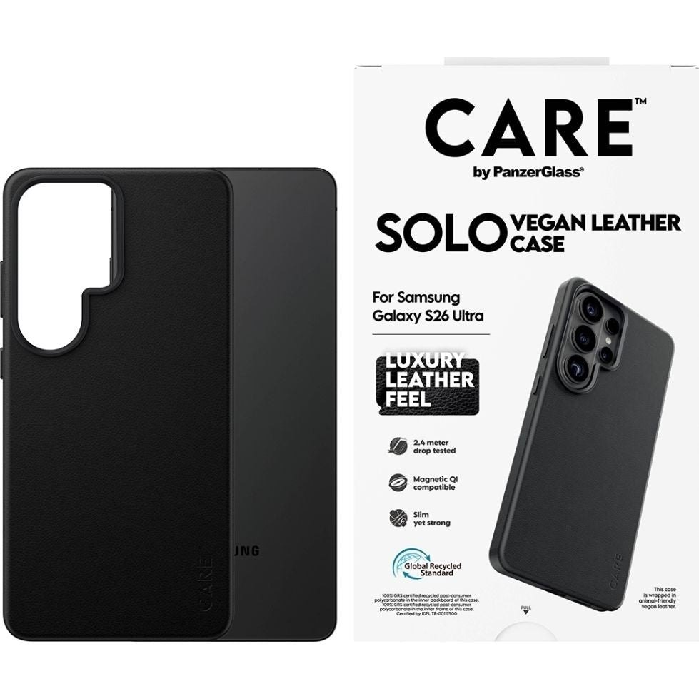 Handyhülle aus veganem Leder für Galaxy S26 Ultra, CARE by PanzerGlass Solo mit MagSafe, Schwarz