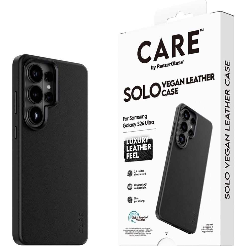 Handyhülle aus veganem Leder für Galaxy S26 Ultra, CARE by PanzerGlass Solo mit MagSafe, Schwarz
