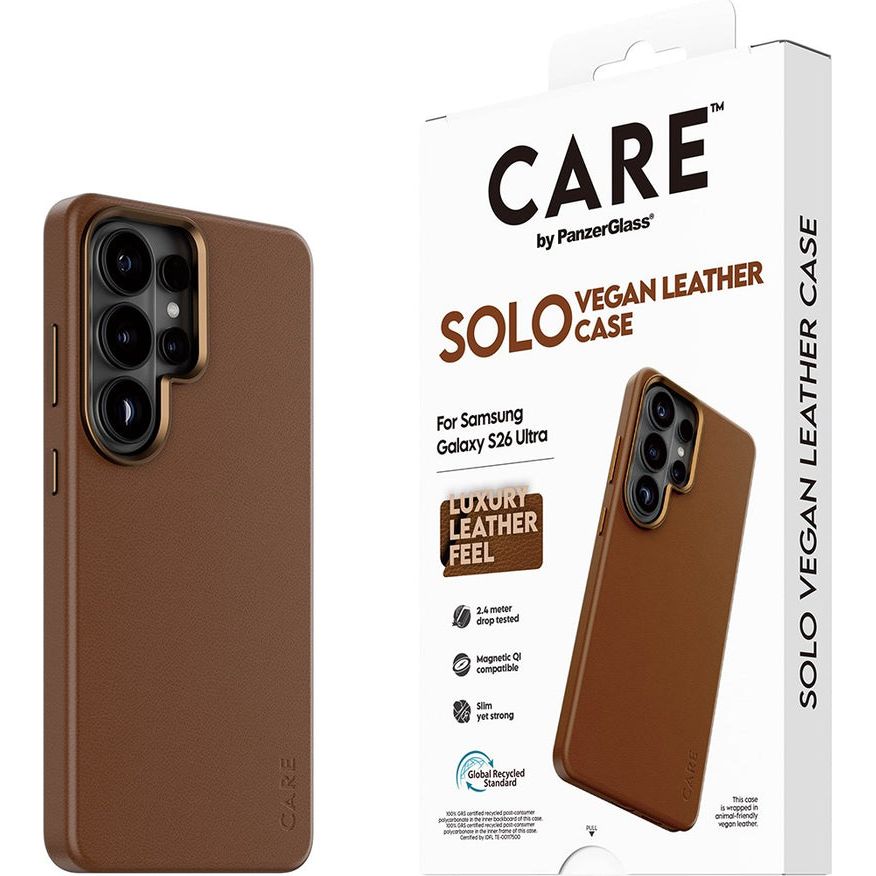 Handyhülle aus veganem Leder für Galaxy S26 Ultra, CARE by PanzerGlass Solo mit MagSafe, Braun