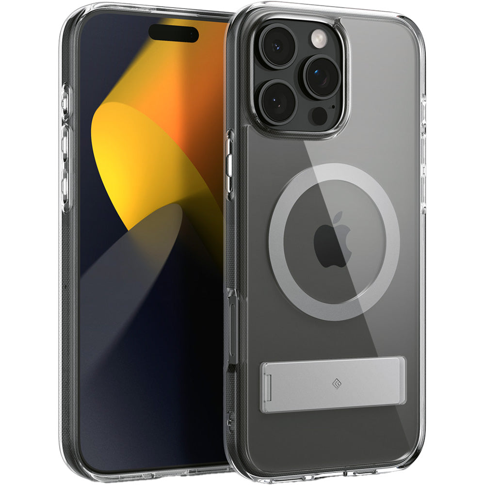 Handyhülle für iPhone 16 Pro, Spigen Caseology Capella Mag Kickstand mit MagSafe, Transparent-Grau
