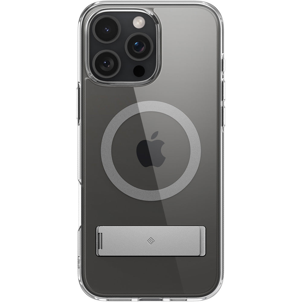 Handyhülle für iPhone 16 Pro, Spigen Caseology Capella Mag Kickstand mit MagSafe, Transparent-Grau