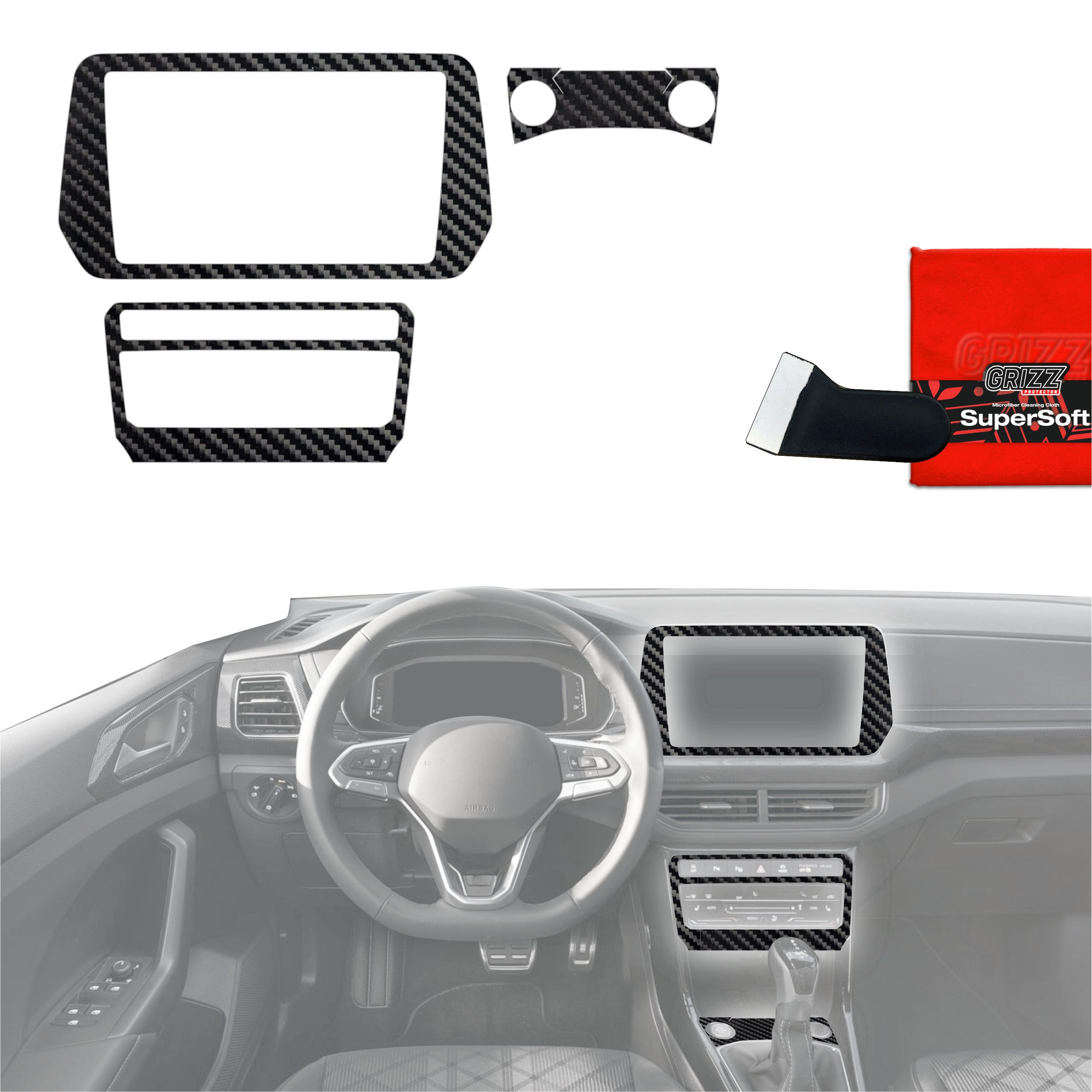 4in1 Schutzfolien Grizz Protector für Mittelkonsole & Armaturenbrett - Volkswagen T-Cross (2025-2026) Carbon Optik Glanz