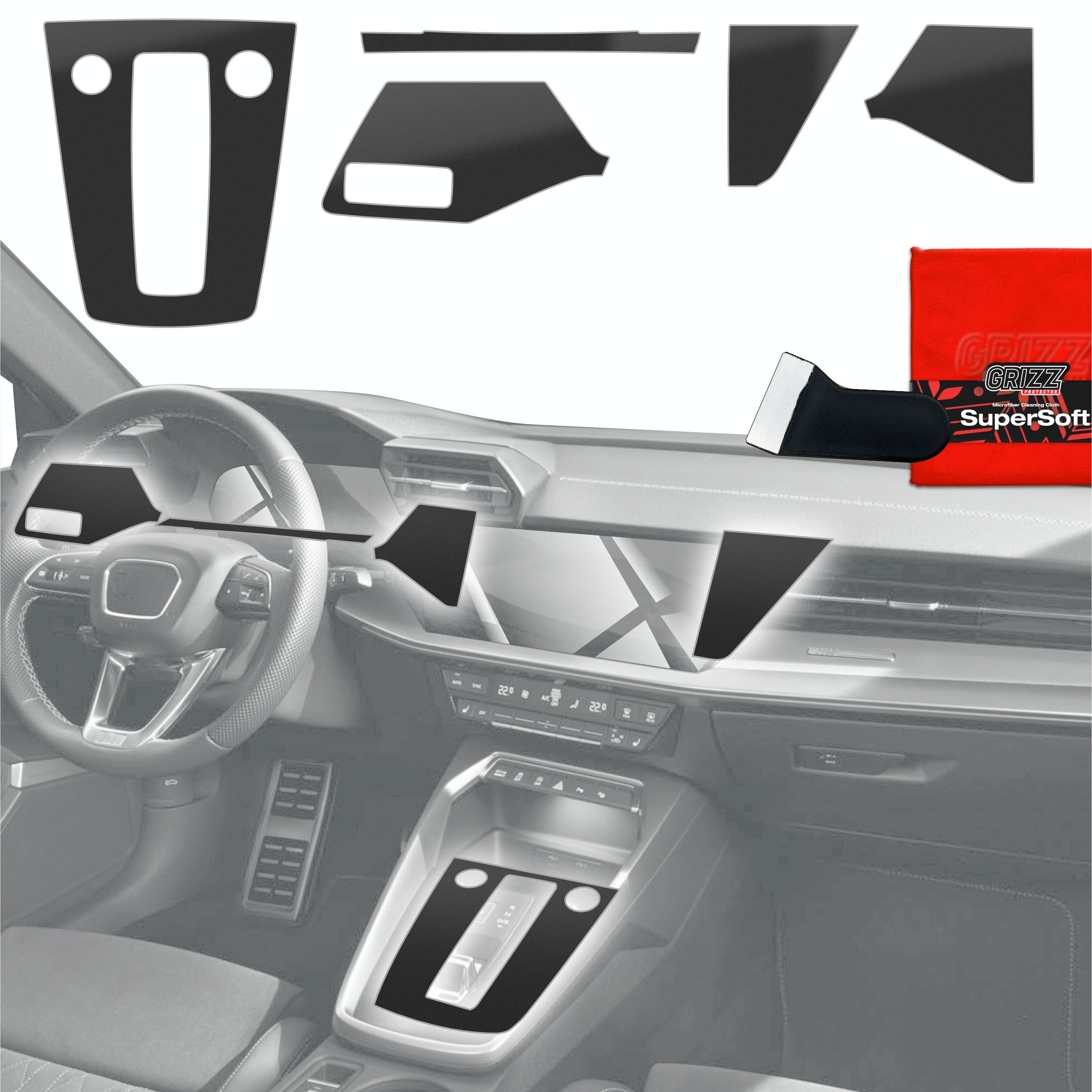 5in1 Schutzfolien Grizz Protector für Mittelkonsole & Armaturenbrett - Audi A3 8Y (2020-2024) Schwarz Matt Antifingerprint
