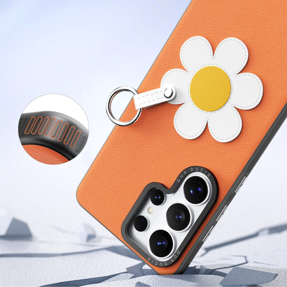 Handyhülle mit Trageband für Galaxy S26 Ultra, Dux Ducis Luvy, Orange mit Gänseblümchen