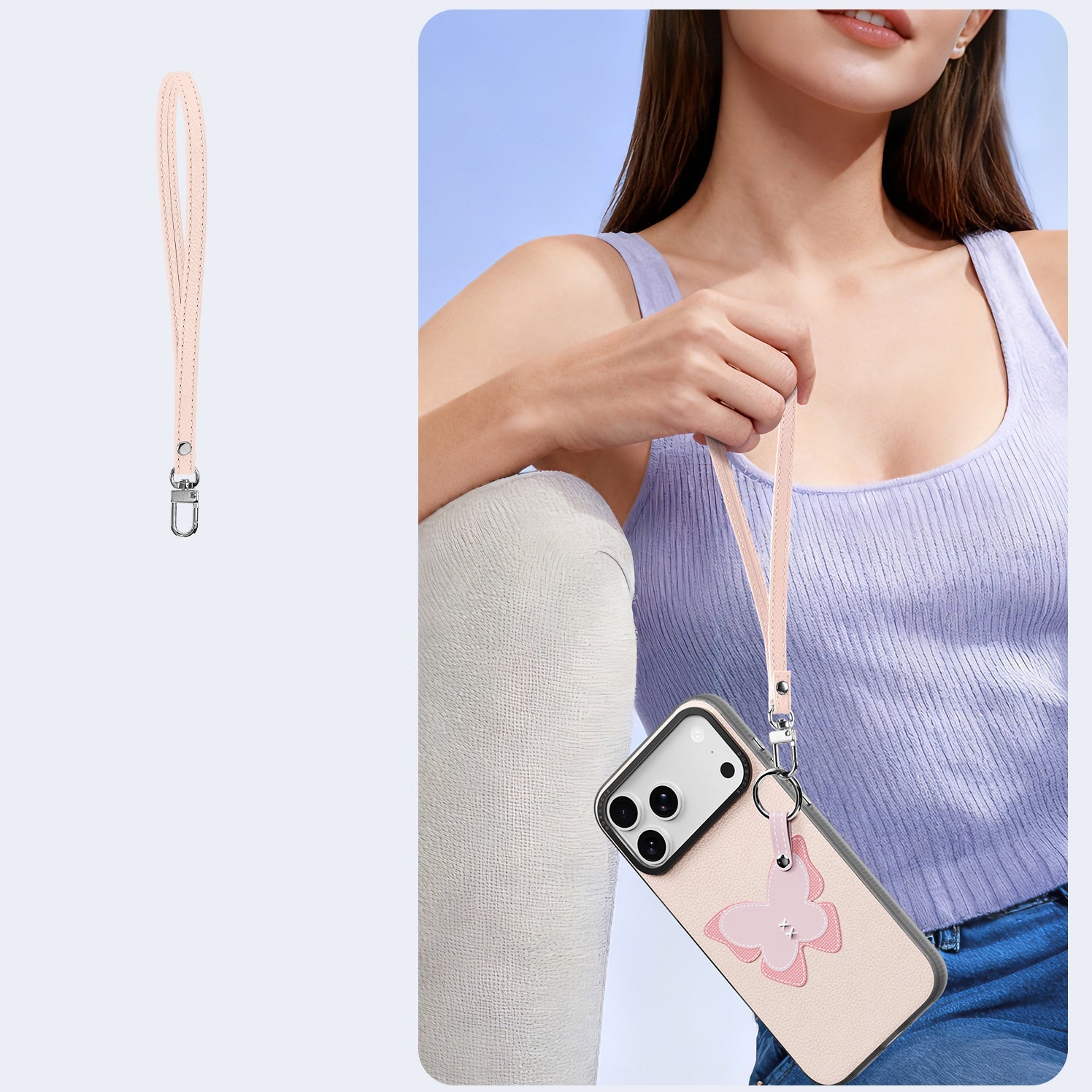 Handyhülle mit Trageband für iPhone 17 Pro, Dux Ducis Luvy, Rosa mit Schmetterling