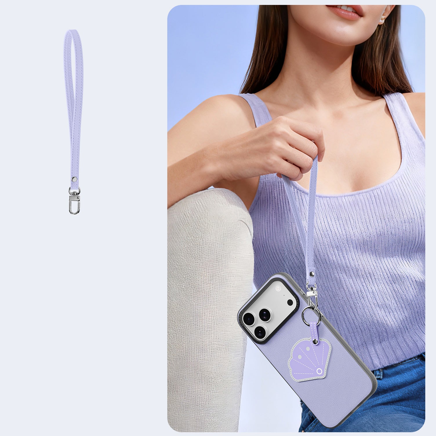 Handyhülle mit Trageband für iPhone 17 Pro, Dux Ducis Luvy, Violett mit Muschel