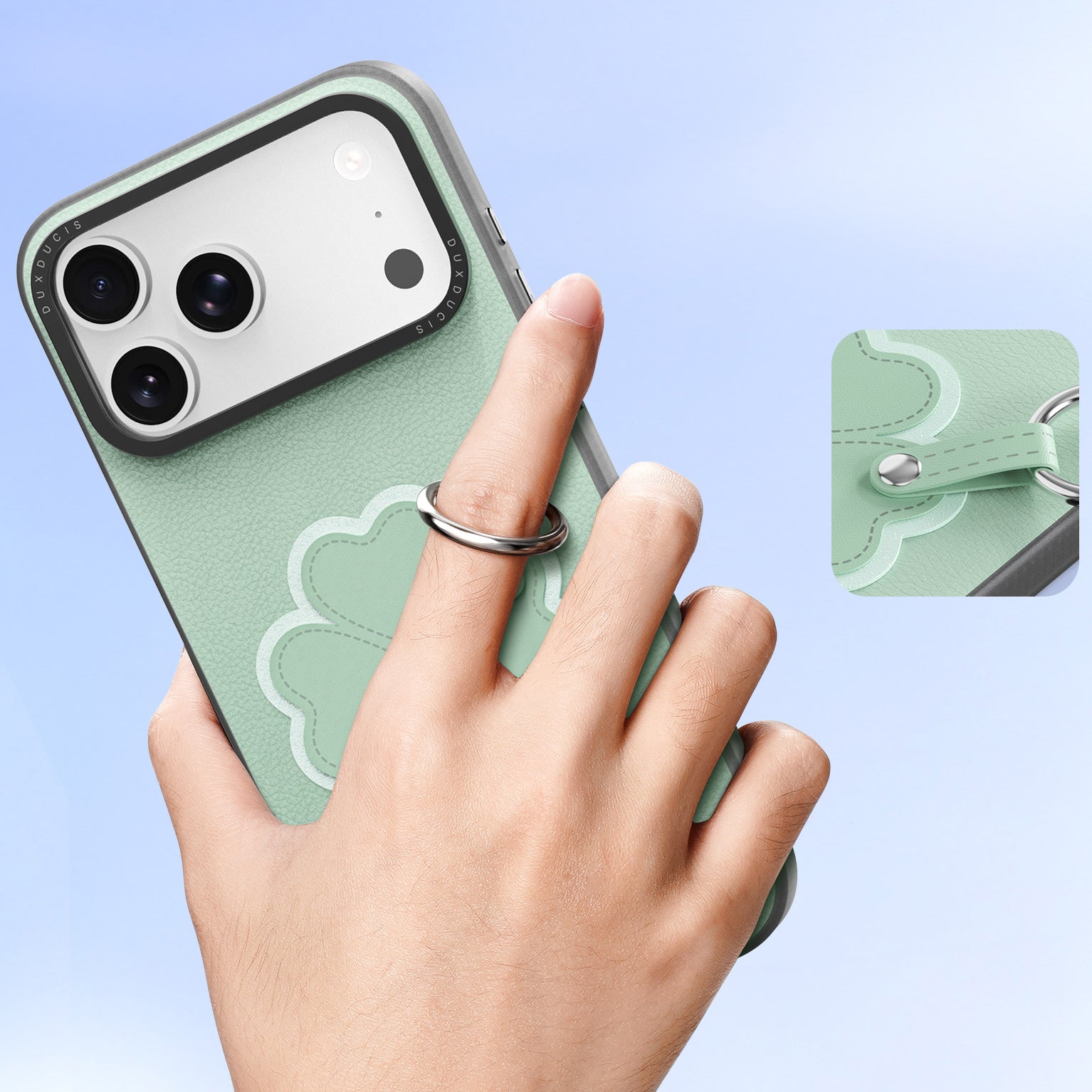 Handyhülle mit Trageband für iPhone 17 Pro Max, Dux Ducis Luvy, Grün mit Klee