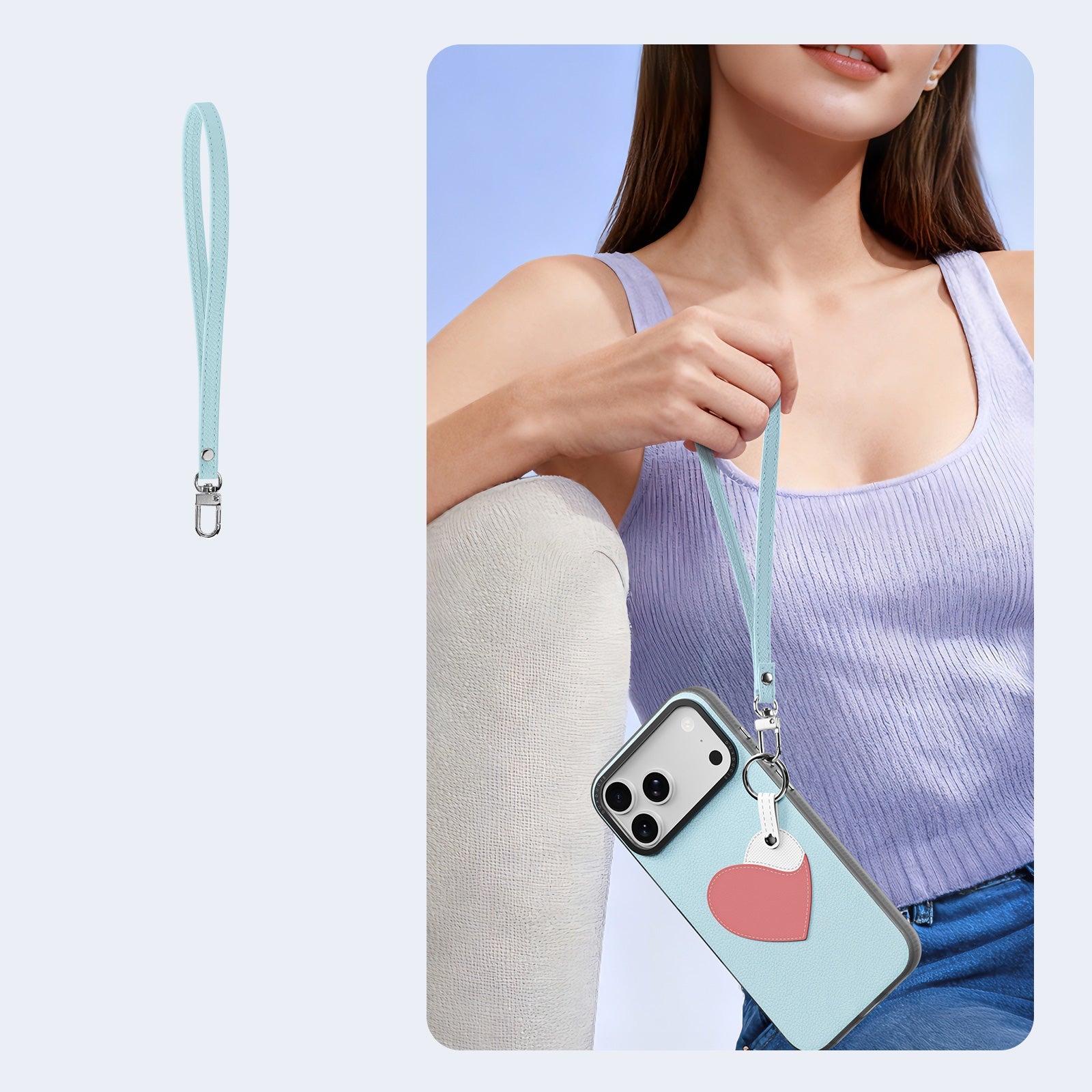 Handyhülle mit Trageband für iPhone 17 Pro Max, Dux Ducis Luvy, Blau mit Rosa Herz