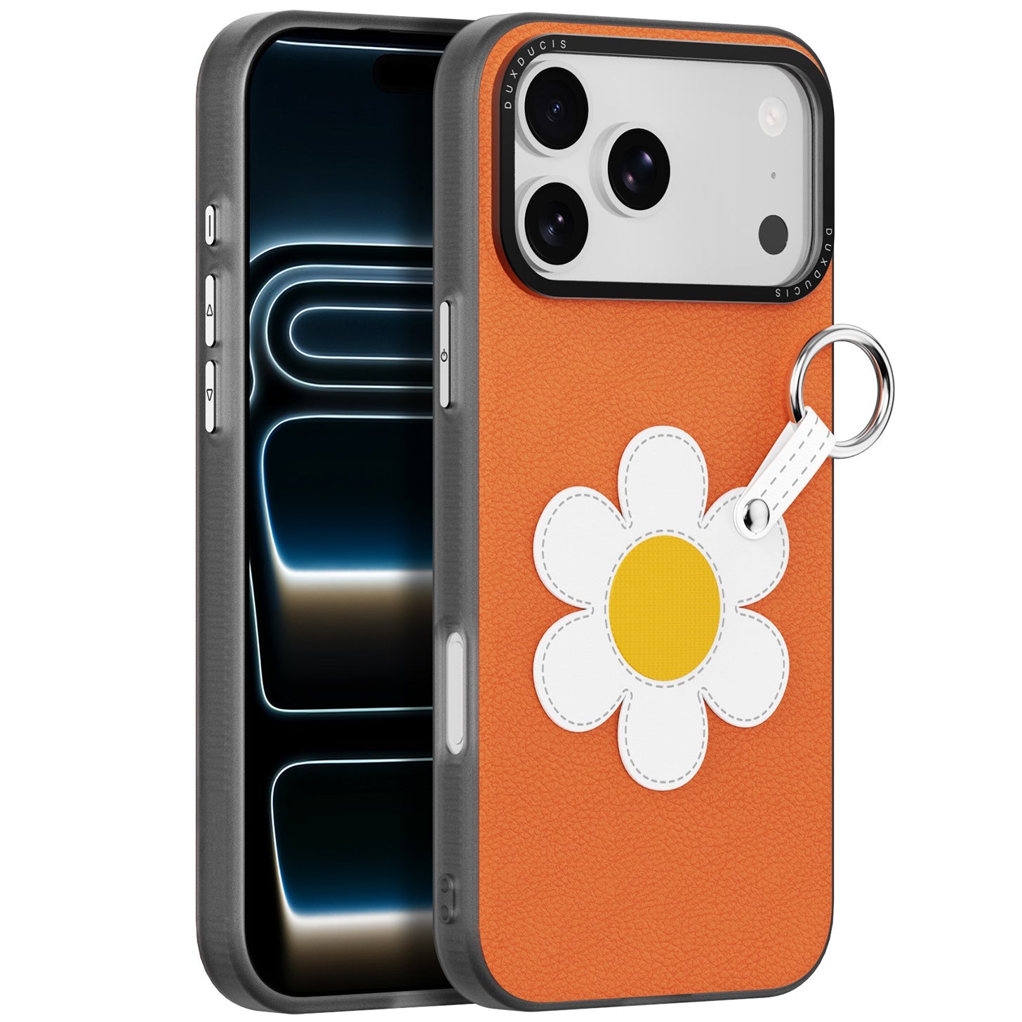 Handyhülle mit Trageband für iPhone 17 Pro Max, Dux Ducis Luvy, Orange mit Gänseblümchen