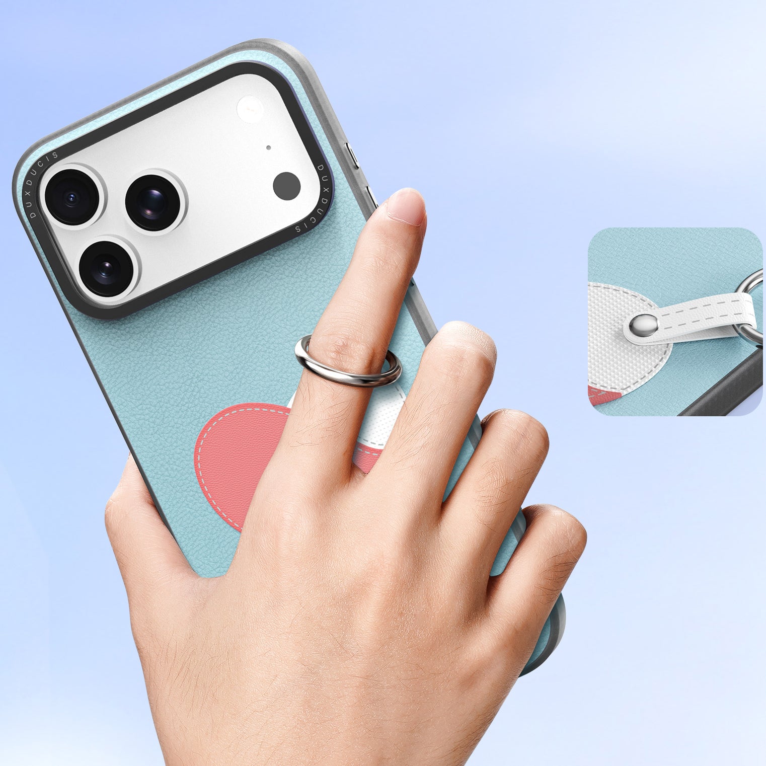 Handyhülle mit Trageband für iPhone 17 Pro, Dux Ducis Luvy, Blau mit Rosa Herz