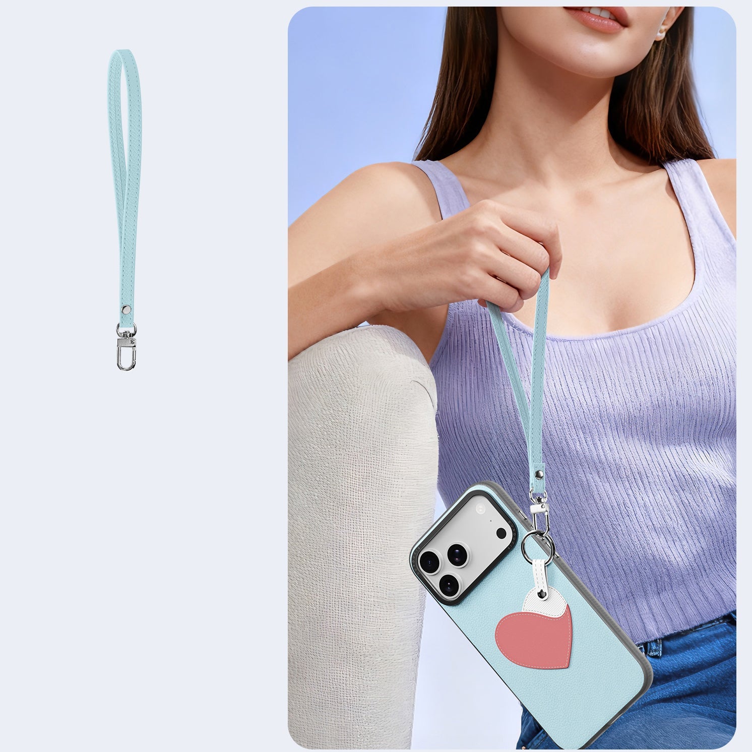 Handyhülle mit Trageband für iPhone 17 Pro, Dux Ducis Luvy, Blau mit Rosa Herz