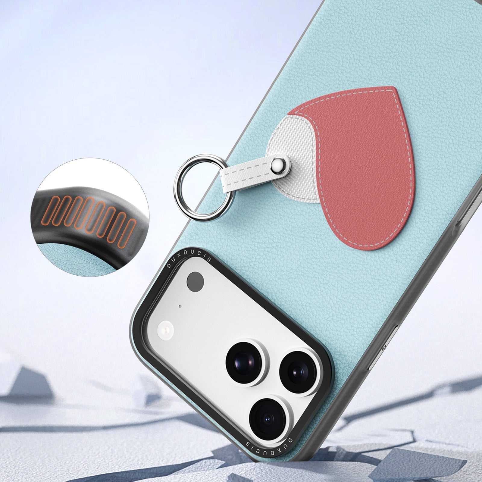 Handyhülle mit Trageband für iPhone 17 Pro, Dux Ducis Luvy, Blau mit Rosa Herz