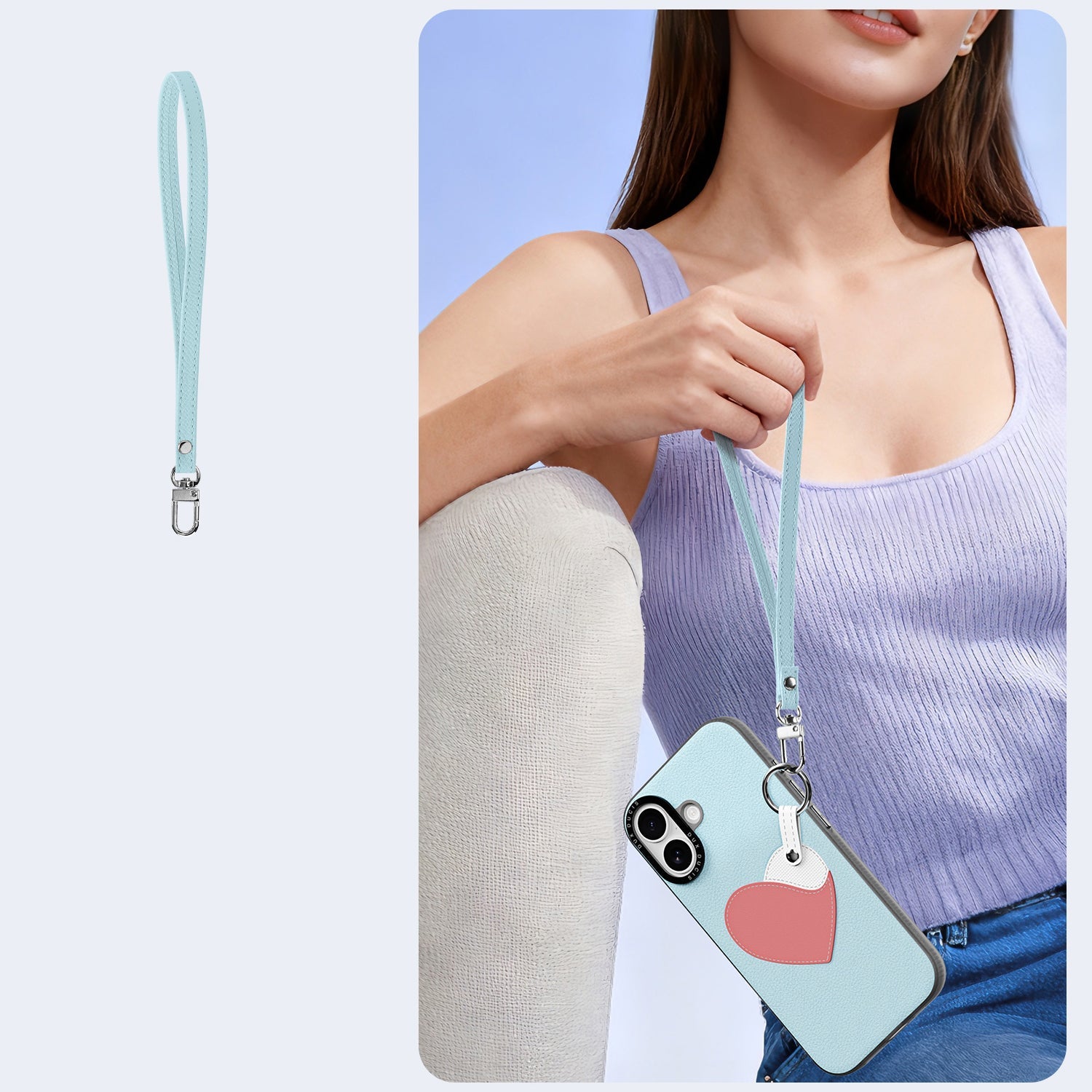 Handyhülle mit Trageband für iPhone 17, Dux Ducis Luvy, Blau mit Rosa Herz