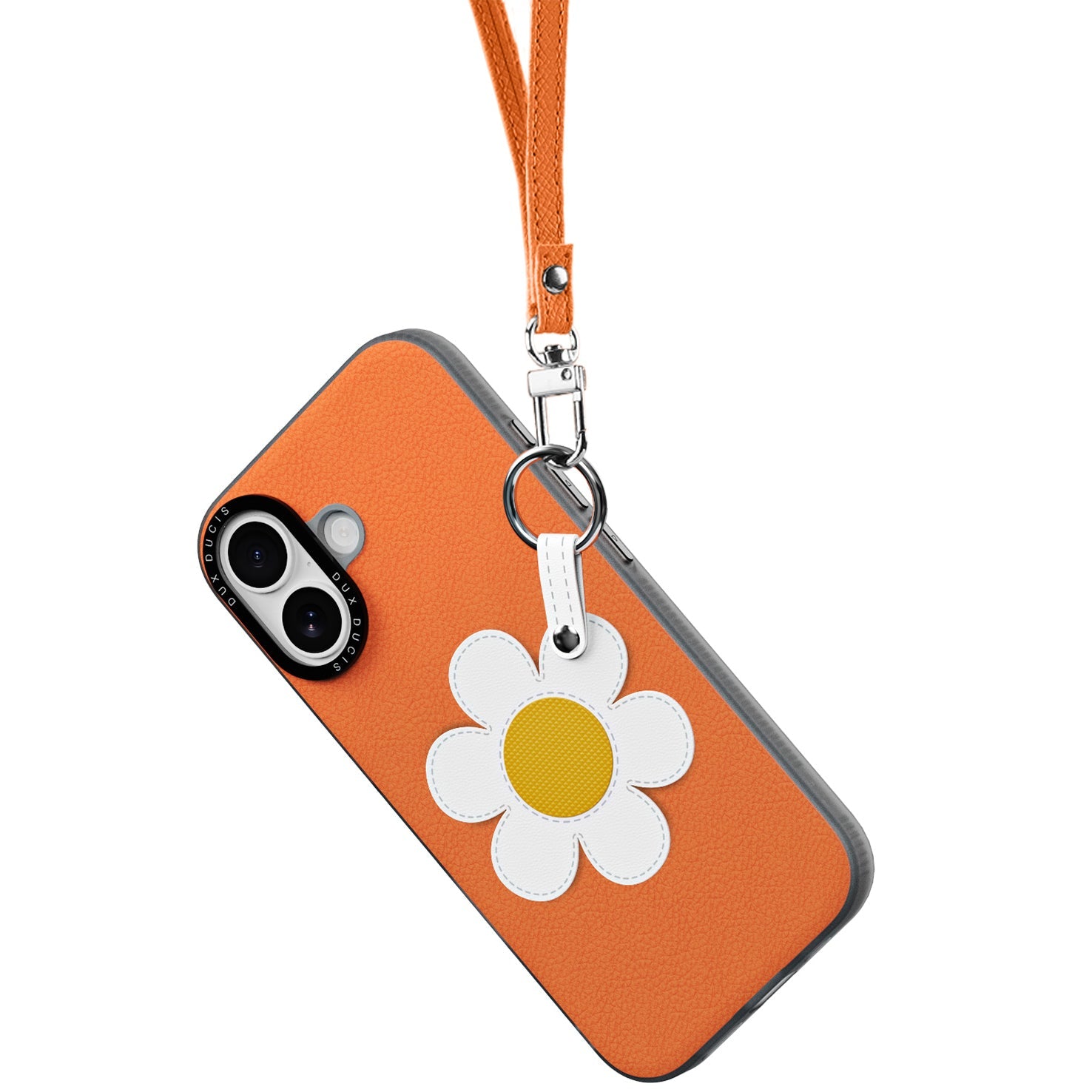 Handyhülle mit Trageband für iPhone 17, Dux Ducis Luvy, Orange mit Gänseblümchen