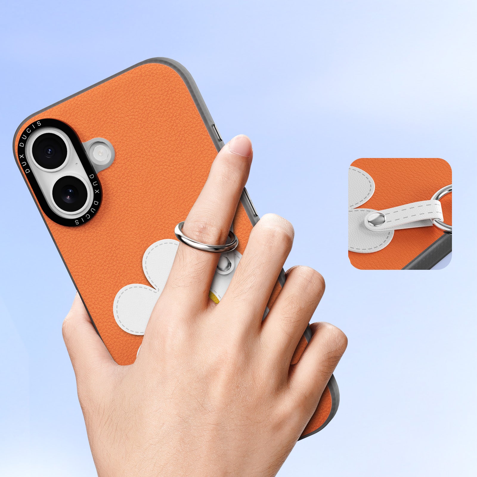 Handyhülle mit Trageband für iPhone 17, Dux Ducis Luvy, Orange mit Gänseblümchen