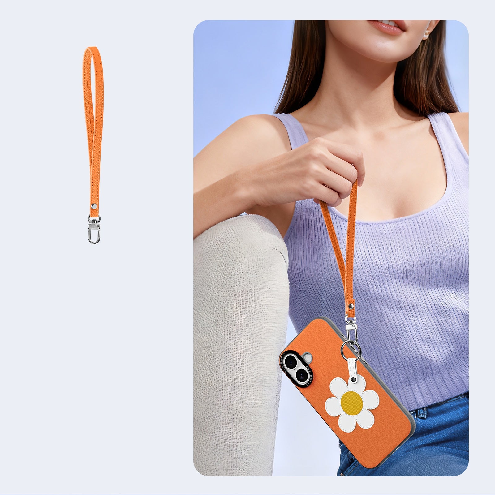 Handyhülle mit Trageband für iPhone 17, Dux Ducis Luvy, Orange mit Gänseblümchen