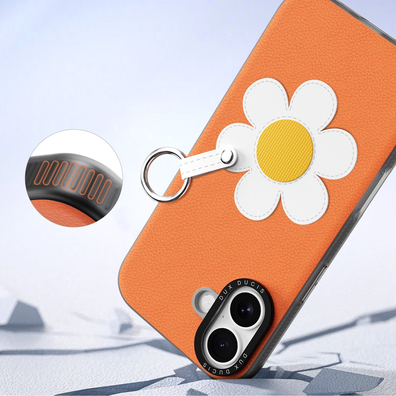 Handyhülle mit Trageband für iPhone 17, Dux Ducis Luvy, Orange mit Gänseblümchen