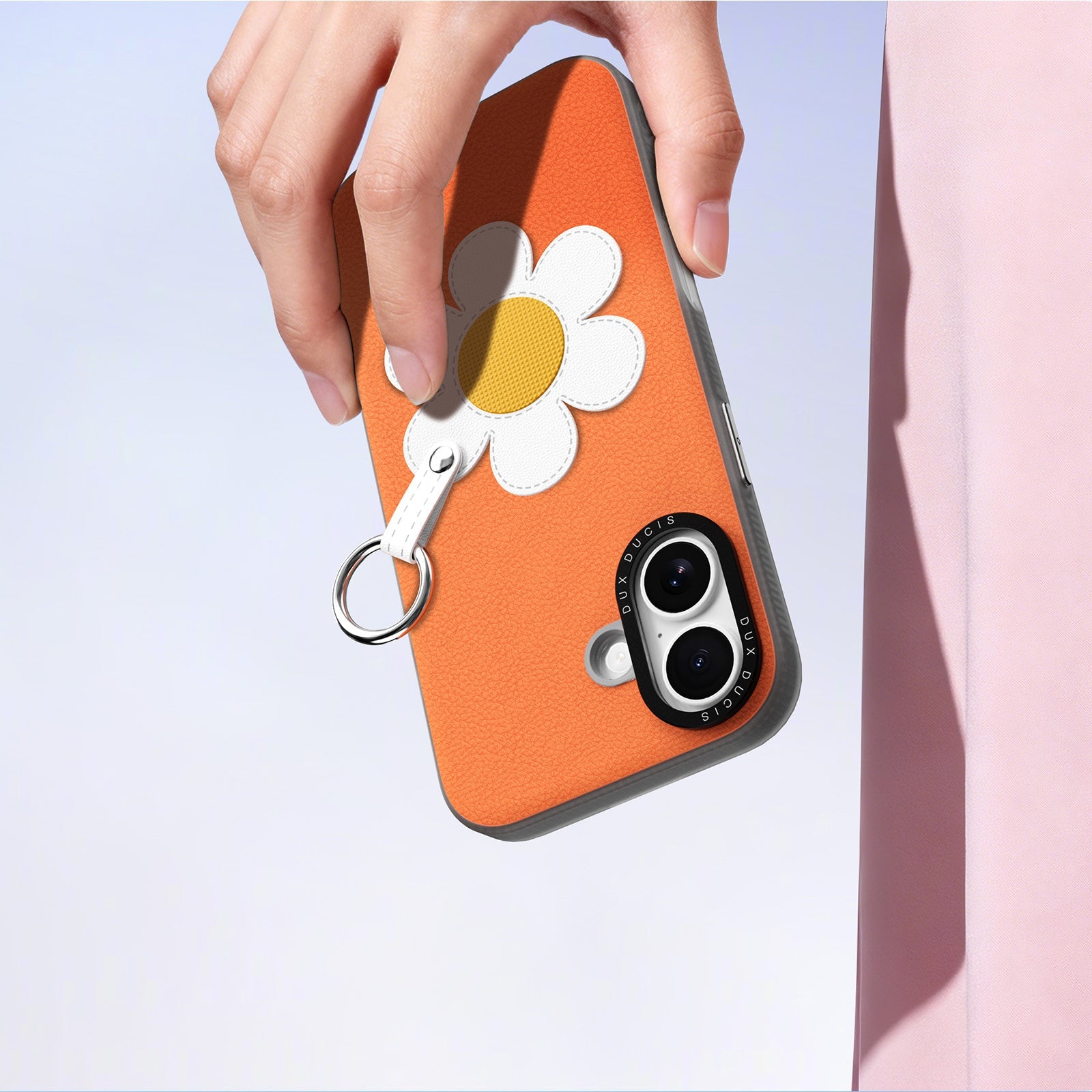 Handyhülle mit Trageband für iPhone 17, Dux Ducis Luvy, Orange mit Gänseblümchen