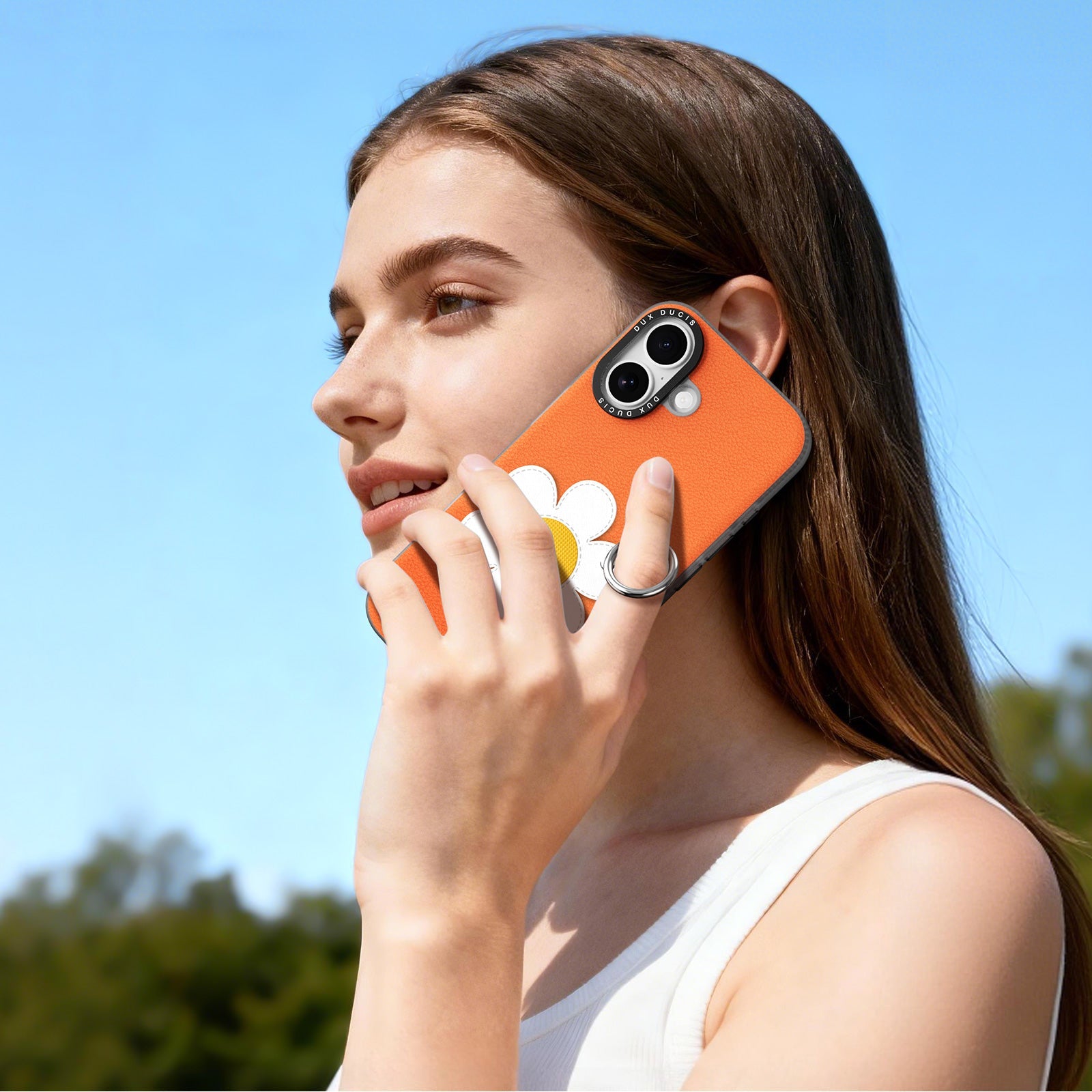 Handyhülle mit Trageband für iPhone 17, Dux Ducis Luvy, Orange mit Gänseblümchen