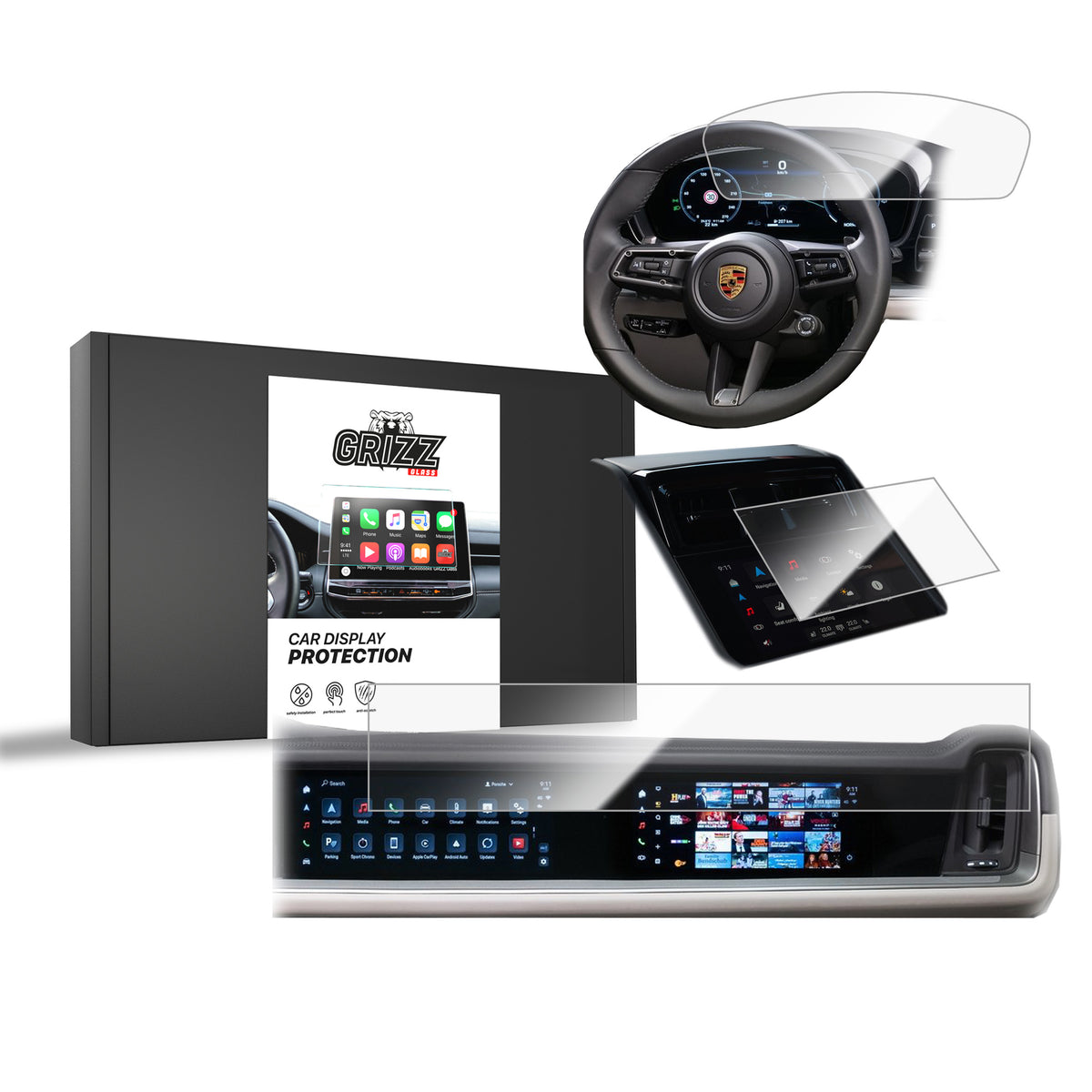 Keramische Autodisplayfolie 3in1 für Porsche Panamera 3 12,3" + 10,9“ (2024-2026), Grizz Protector