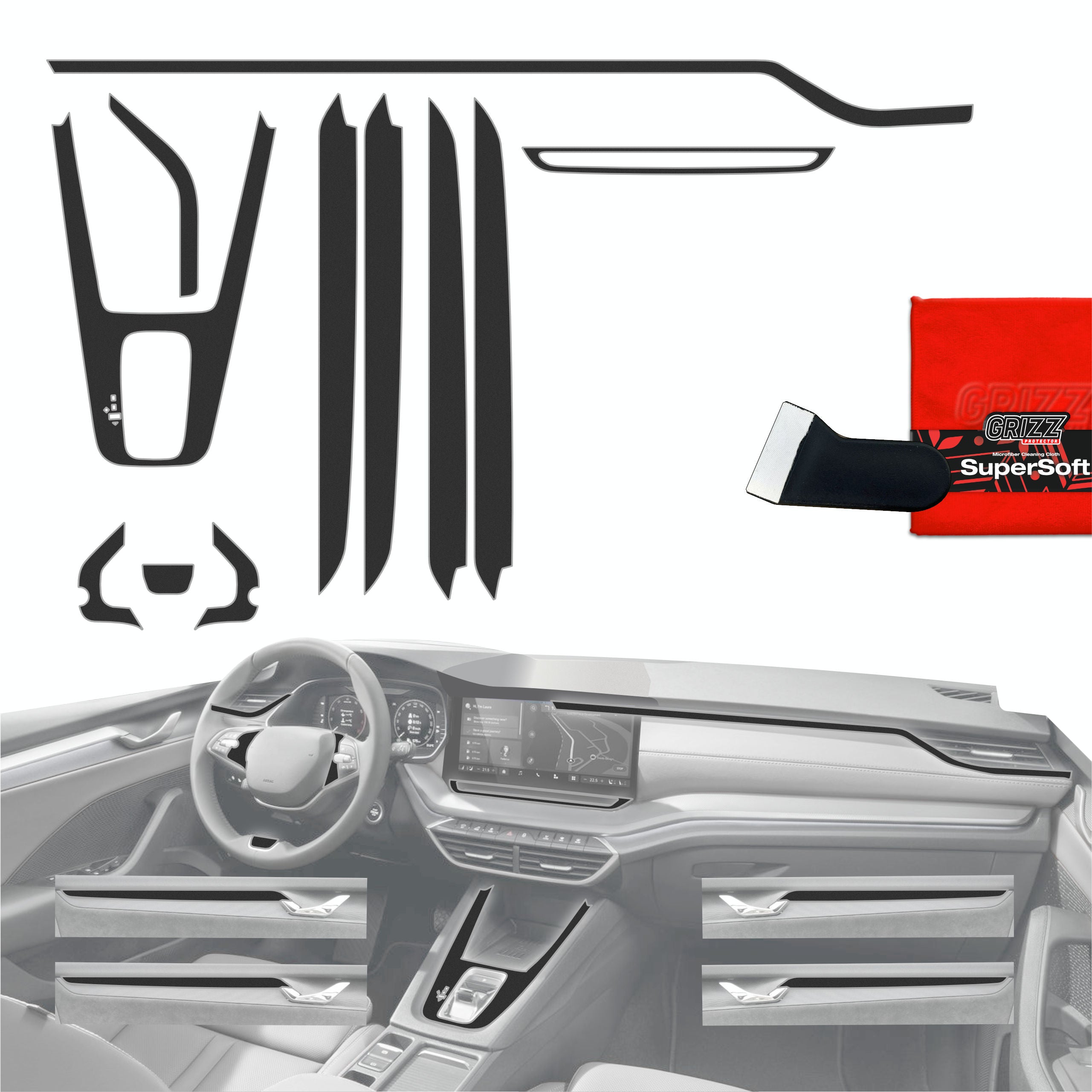 11in1 Schutzfolien Grizz Protector für Mittelkonsole & Armaturenbrett - Skoda Octavia 4 13" Facelift (2024-2026) Schwarz Matt Antifingerprint