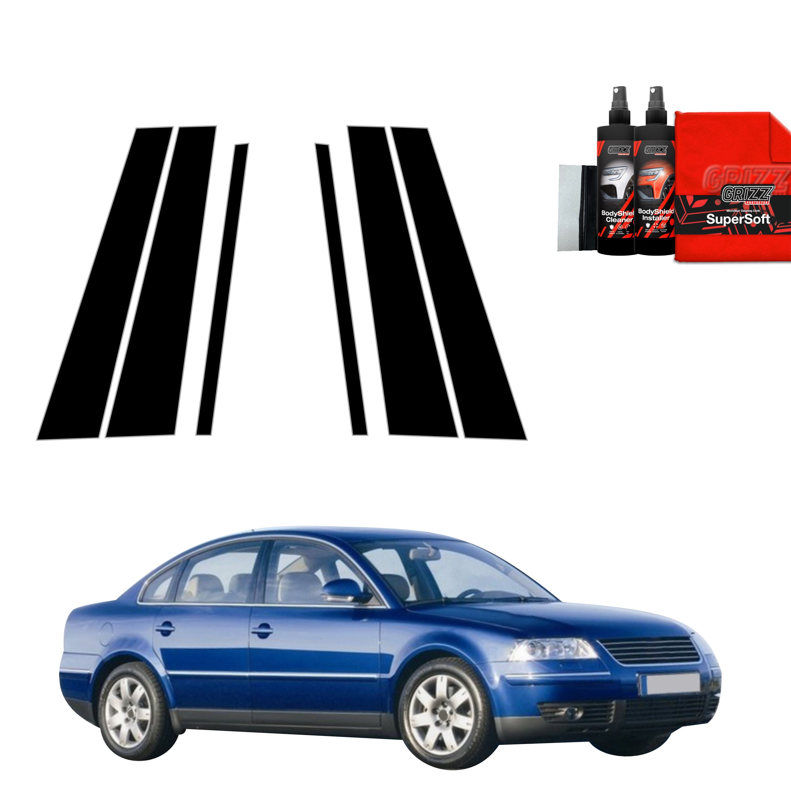 6in1 Schwarze Grizz Protector schutzfolie für B-C-Säule - Volkswagen Passat B5 Sedan Facelifting (2000-2005)