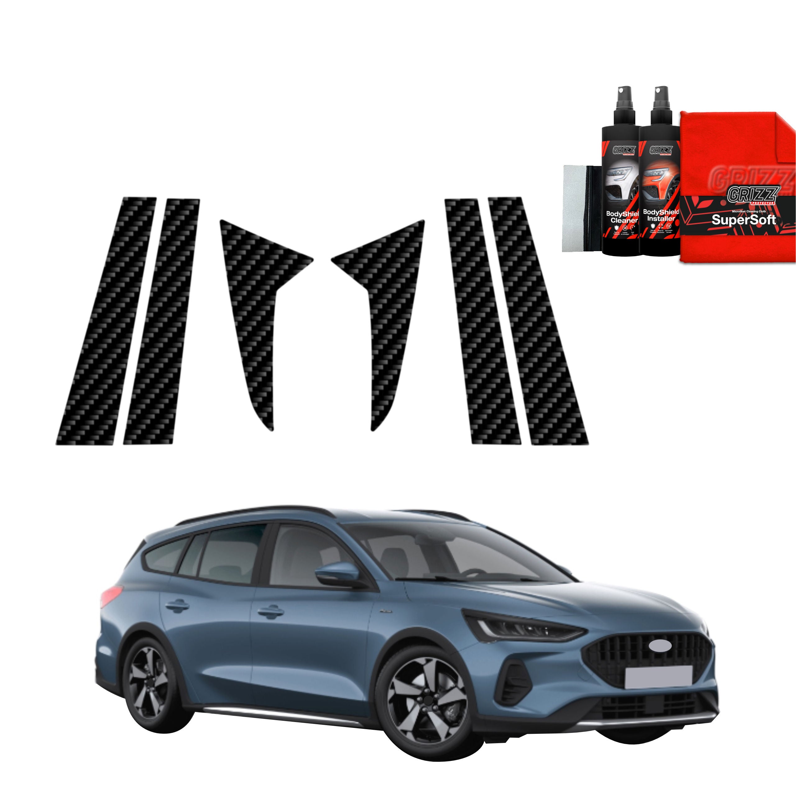 6in1 Kohlenstoff Schutzfolie Grizz Protector für B-Säule - Ford Focus Active X Kombi Facelift (2021-2025)