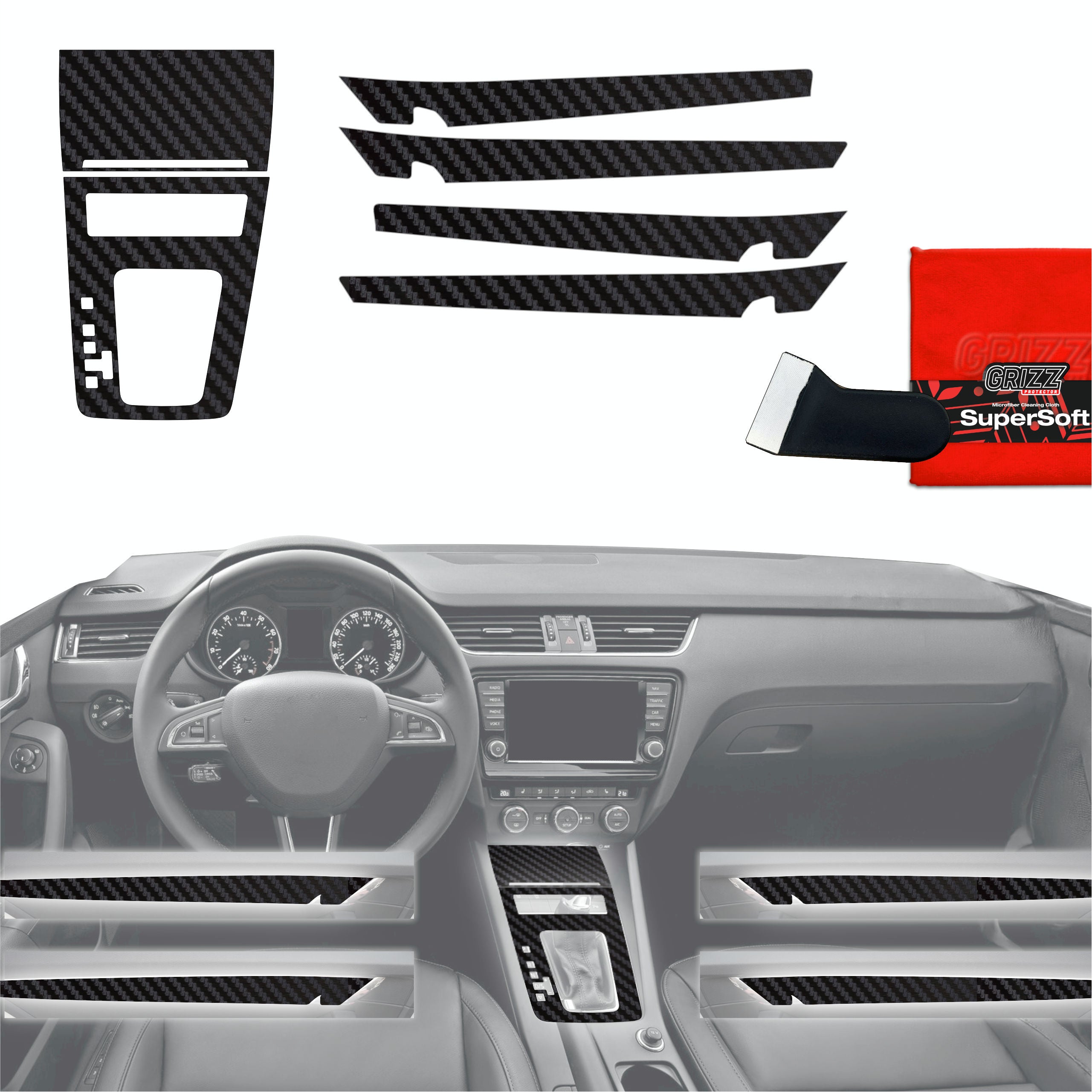 2in1 Schutzfolien Grizz Protector für Mittelkonsole & Armaturenbrett - Skoda Octavia 3 DSG (2017-2020) Carbon Optik Matt Antifingerprint