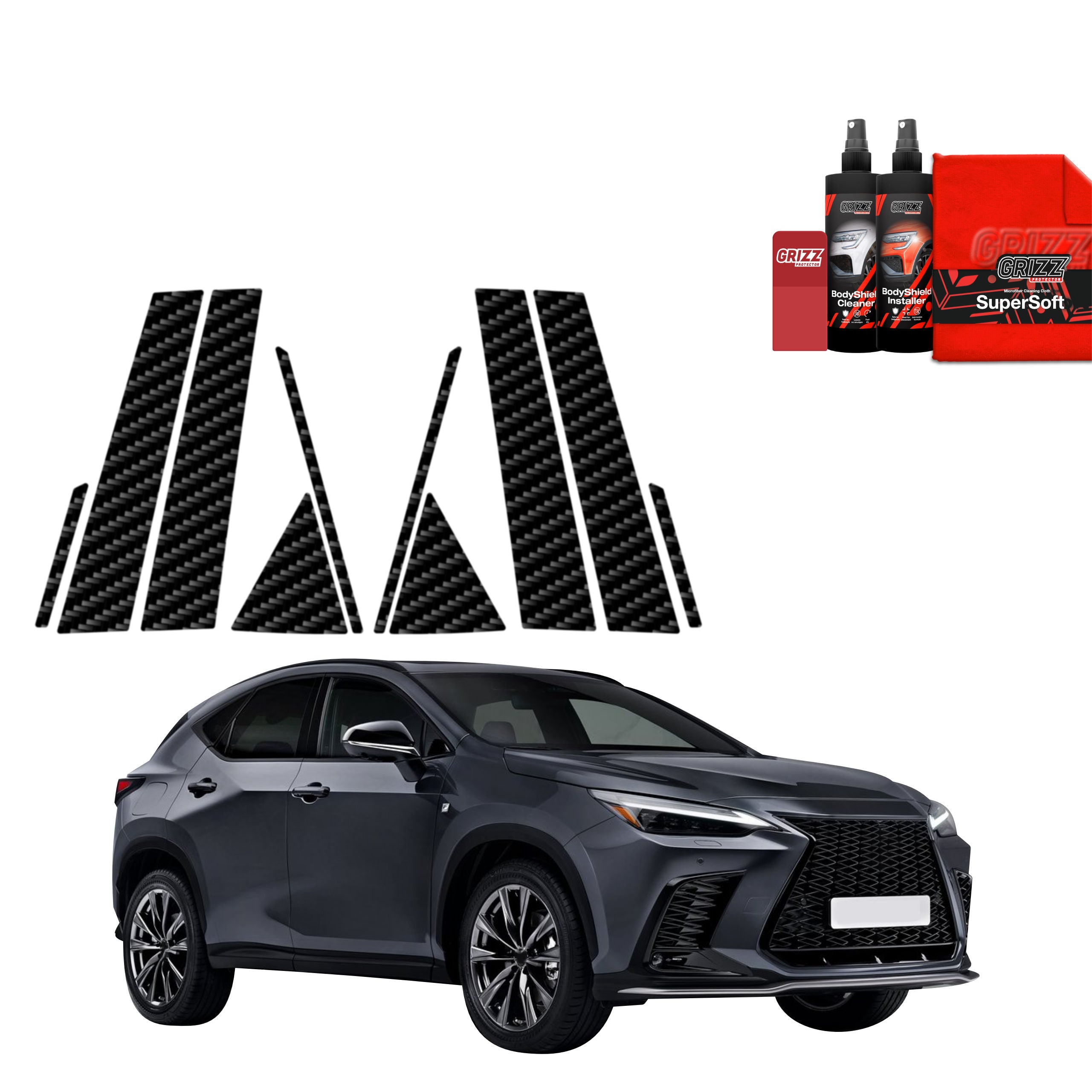 10in1 Kohlenstoff Schutzfolie Grizz Protector für A-B-C-Säule - Lexus NX 350h (2021-2023)