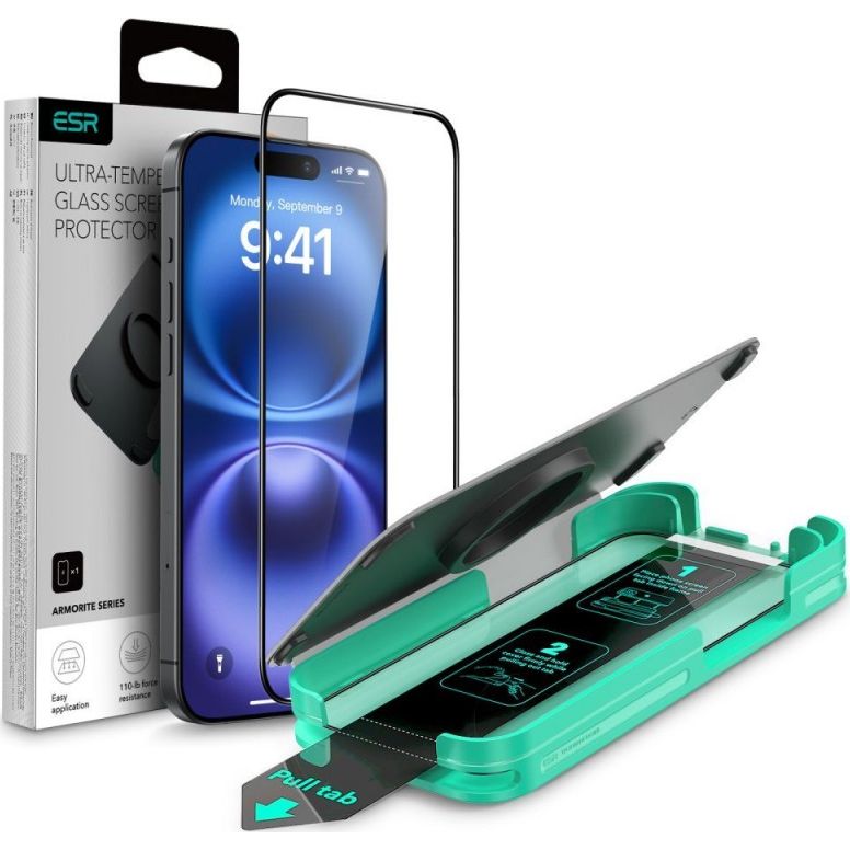 Gehärtetes Bildschirmglas mit Applikator für iPhone 16 Pro, ESR Armorite, Transparent mit schwarzer Rahmen