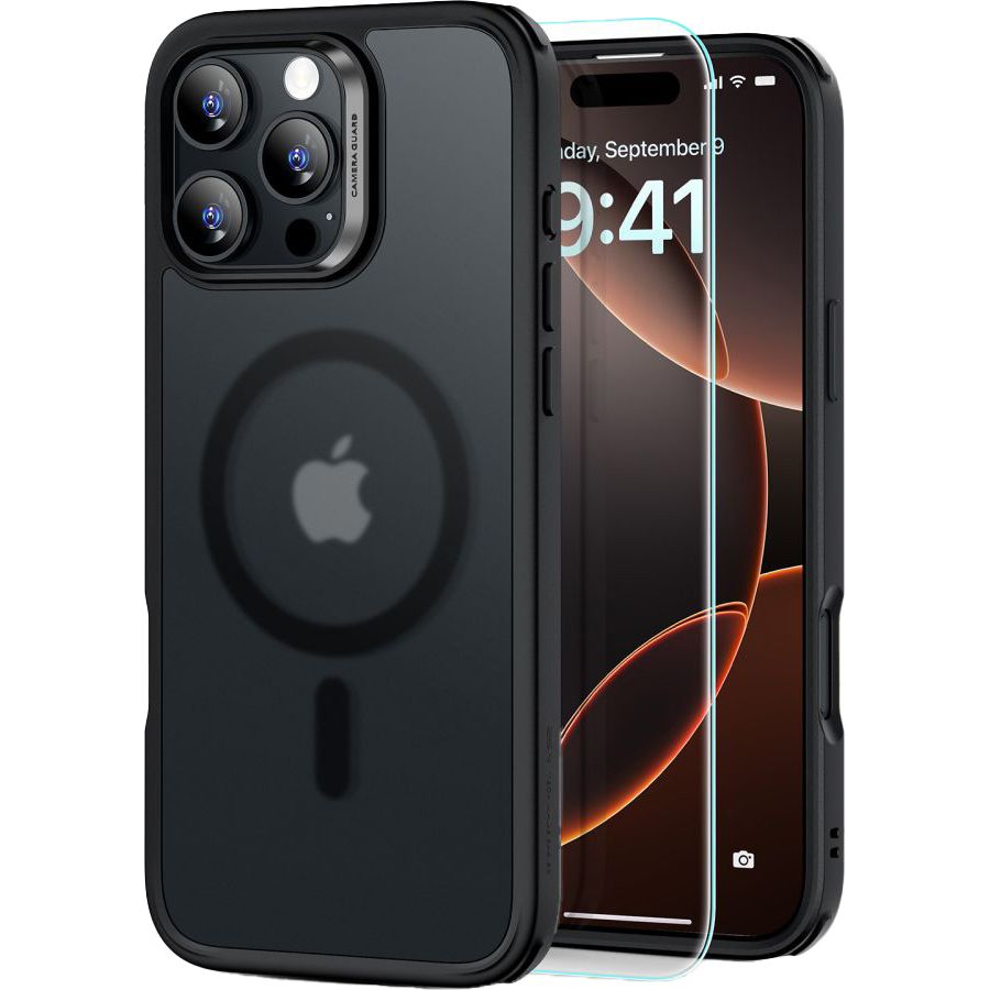 Handyhülle + Gehärtetes Glas für Bildschirm für iPhone 16 Pro Max mit MagSafe, ESR Classic Hybrid HaloLock, Durchscheinend-Schwarz