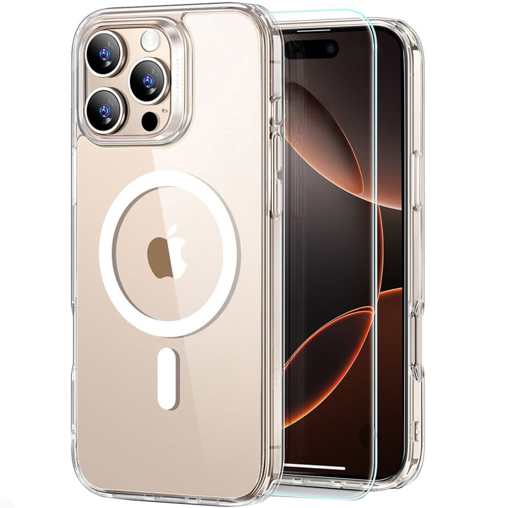 Handyhülle + Gehärtetes Glas für Bildschirm für iPhone 16 Pro Max für MagSafe, ESR Classic Hybrid HaloLock, Transparent-Weiß