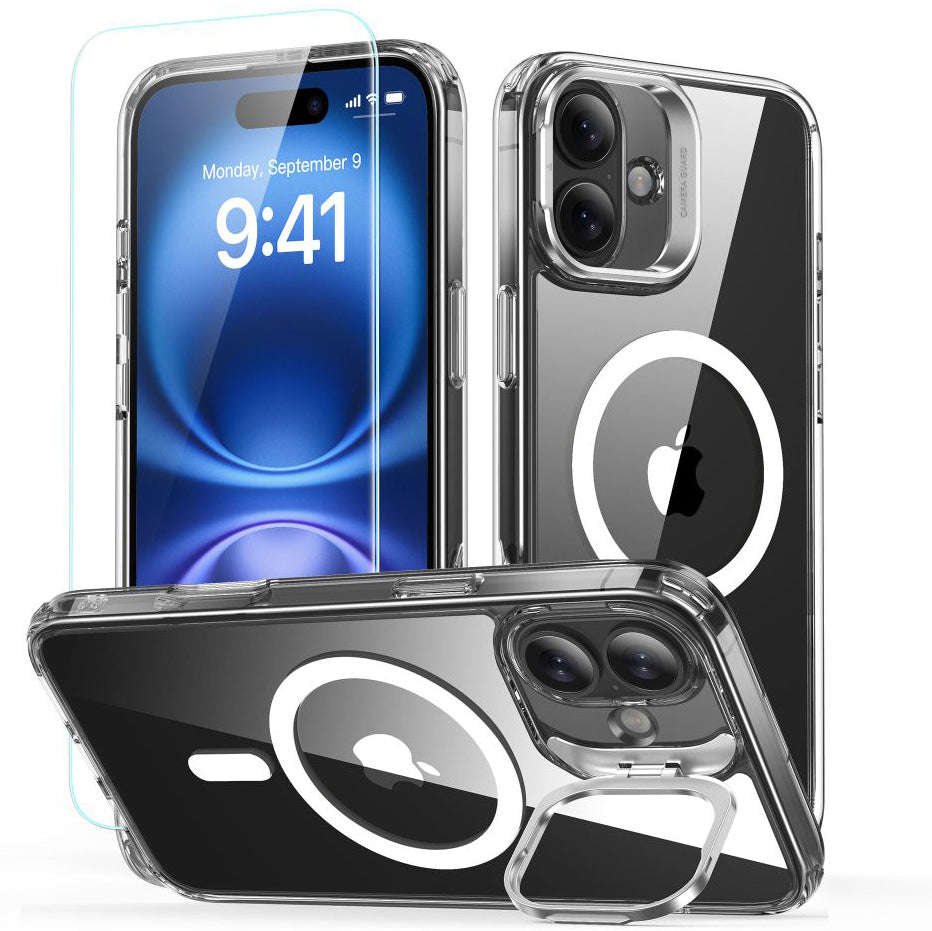 Handyhülle + Gehärtetes Glas für Bildschirm für iPhone 16, mit MagSafe, ESR Classic Hybrid Kickstand HaloLock, Transparent