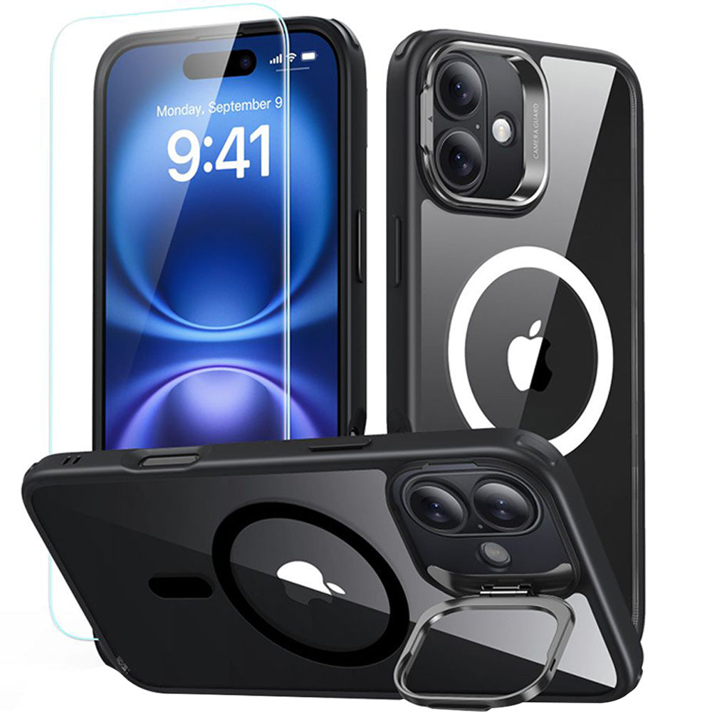 Handyhülle + Gehärtetes Glas für Bildschirm für iPhone 16 mit MagSafe, ESR Classic Hybrid KickStand, Transparent mit Schwarzen Rahmen