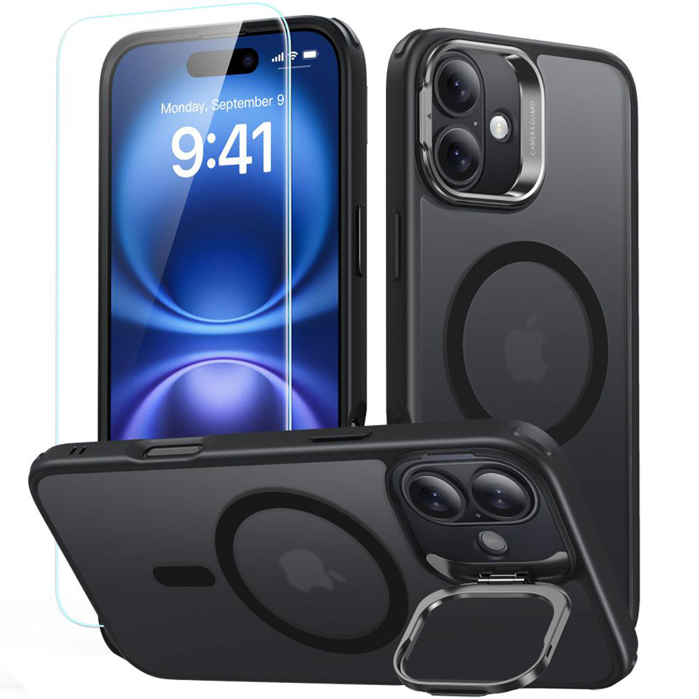 Handyhülle + Gehärtetes Glas für Bildschirm für iPhone 16 mit MagSafe, ESR Classic Hybrid KickStand, Durchscheinend-Schwarz
